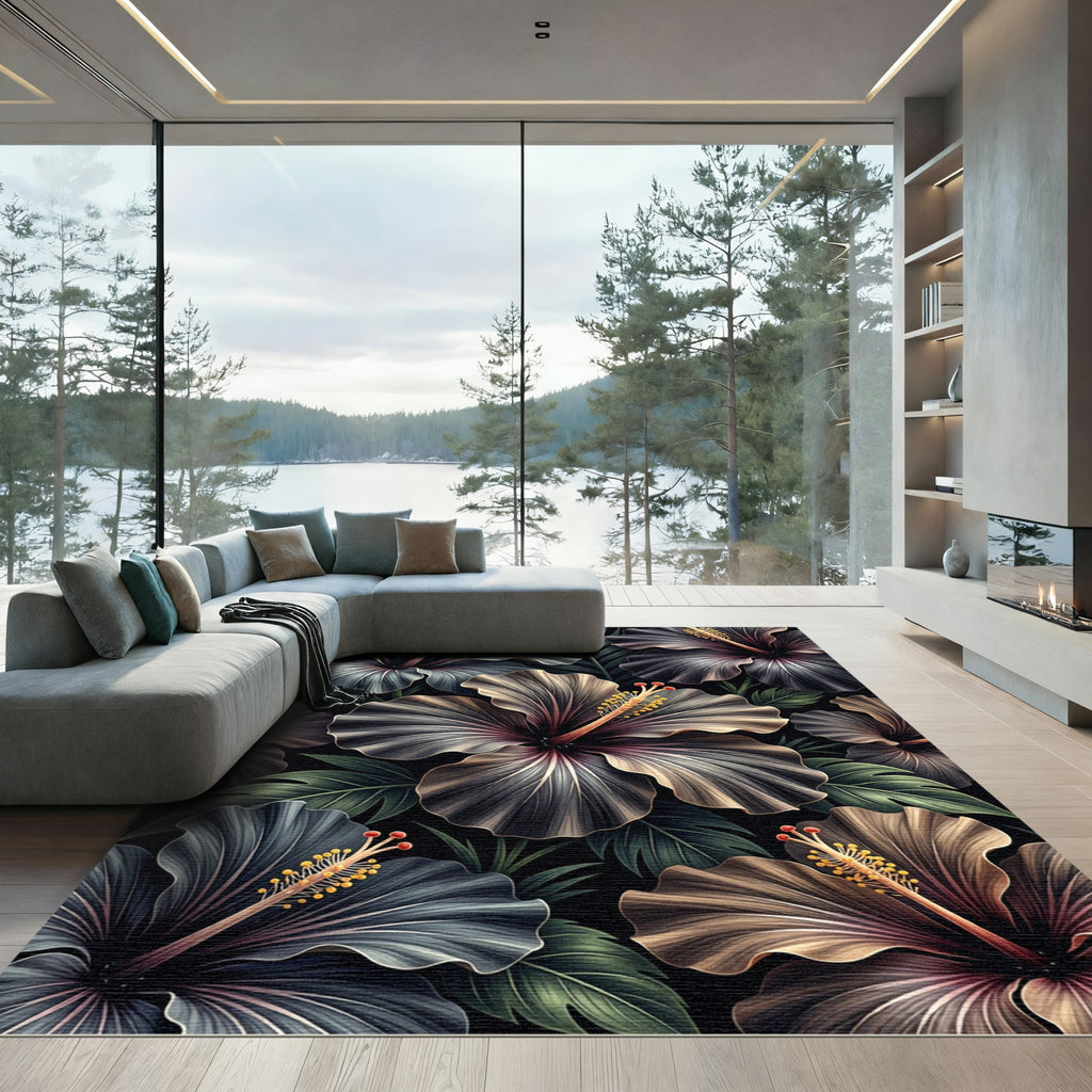 Dramatic Dark Floral Hibiscus Arrangement Rug