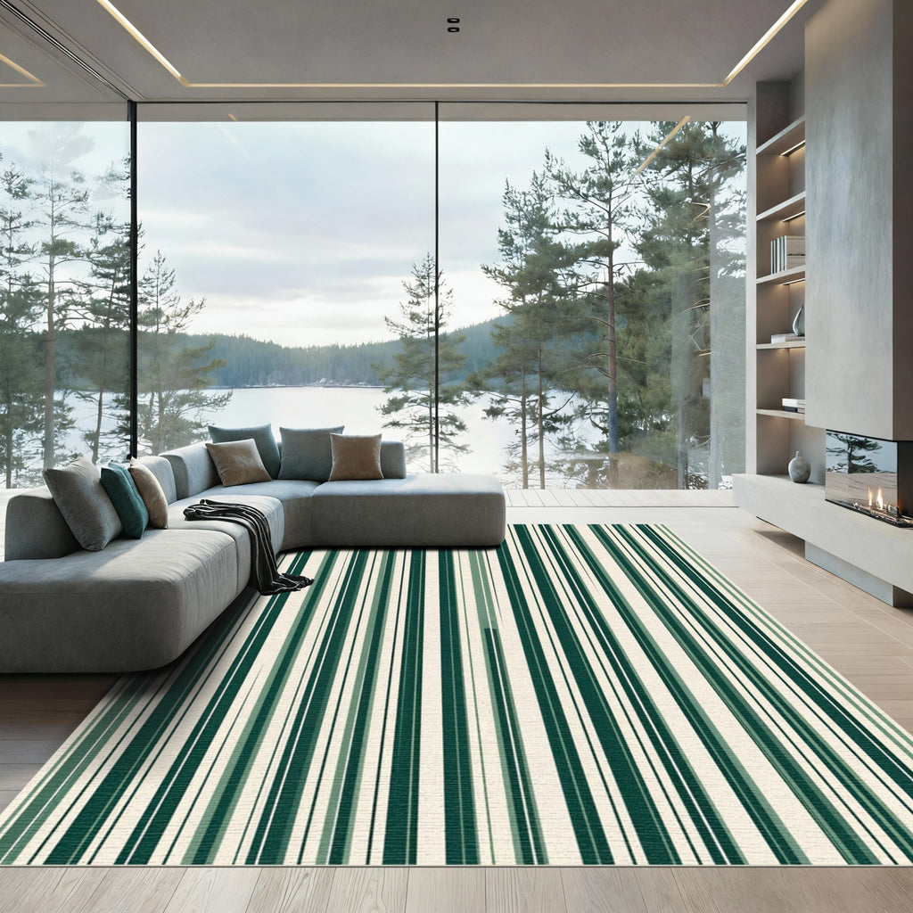 Dark Green Cream Vertical Stripe Rug