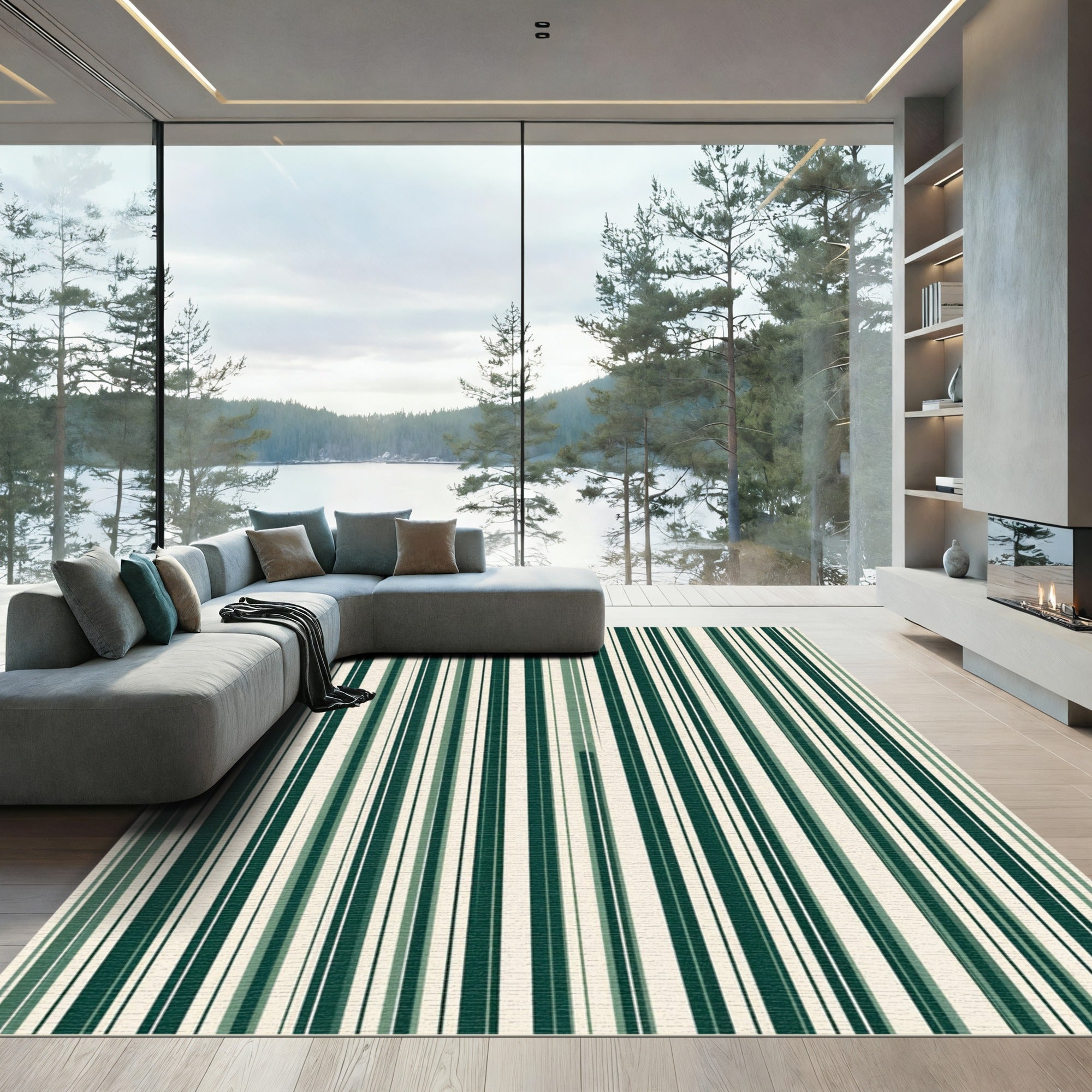 Dark Green Cream Vertical Stripe Rug