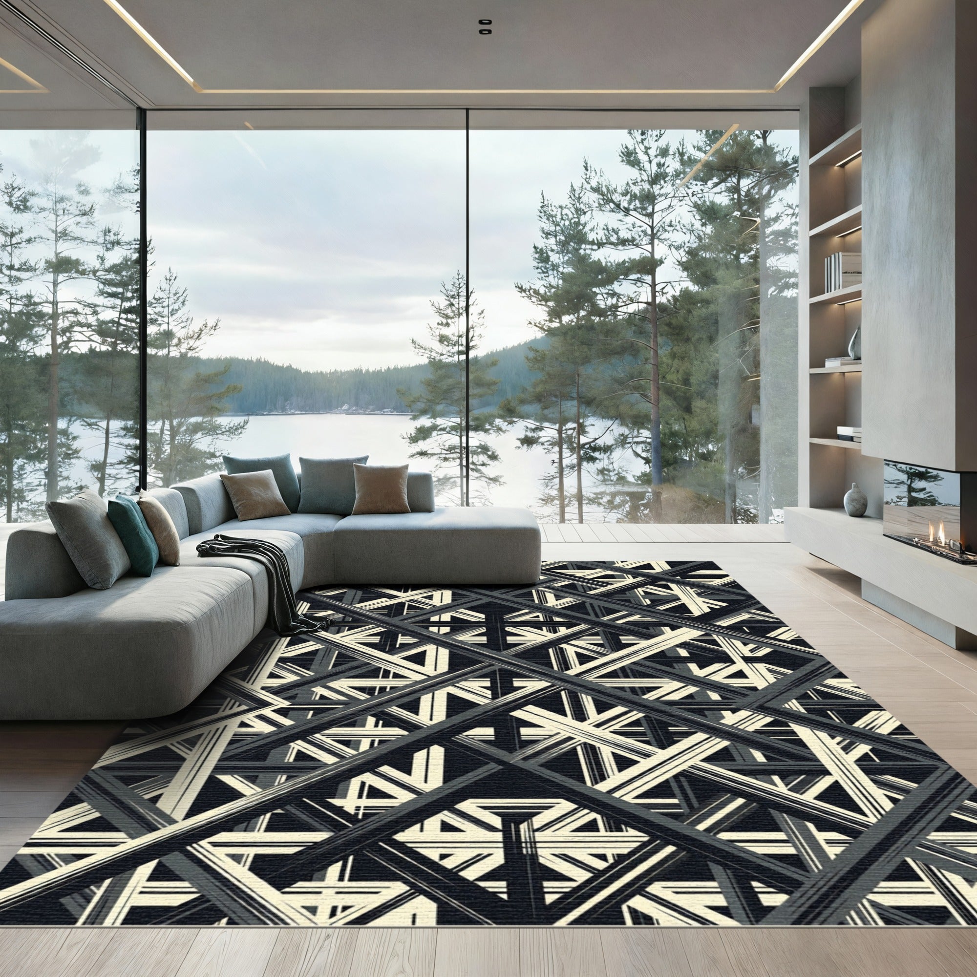Monochrome Geometric Grid Intersecting Lines Rug