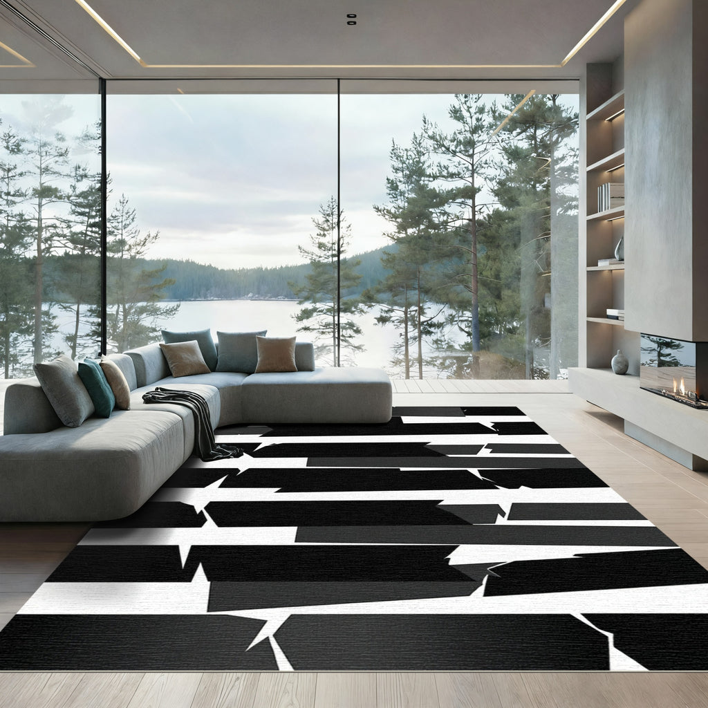 Abstract Black White Jagged Stripes Rug