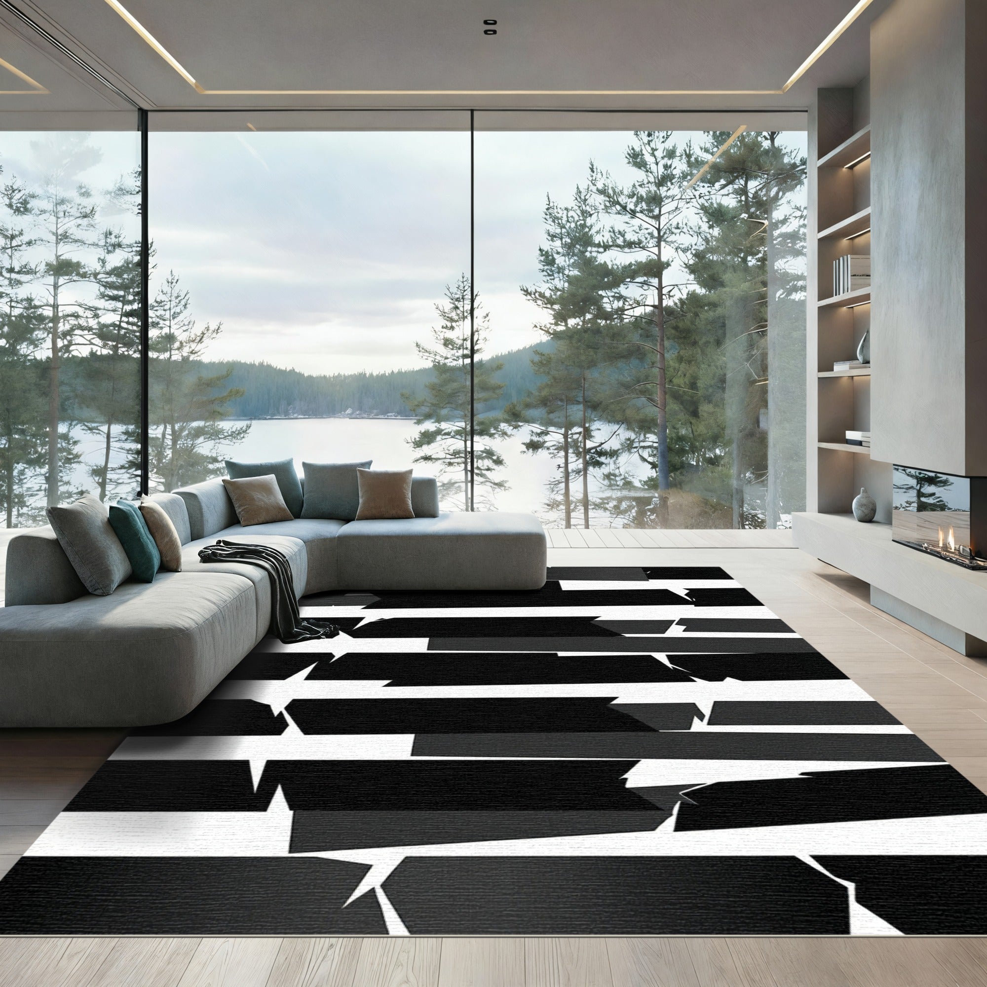 Abstract Black White Jagged Stripes Rug