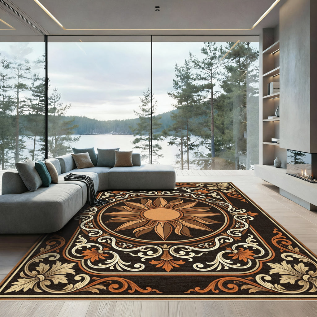 Ornate Sunburst Floral Frame Rug