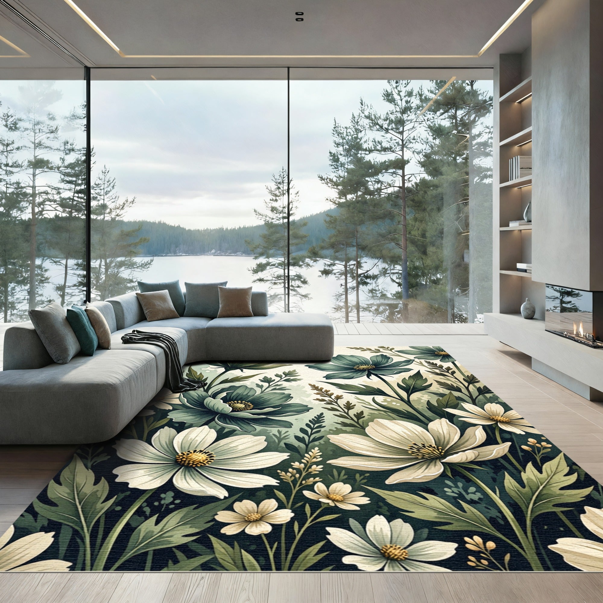 Ethereal Green and White Meadow Floral Rug