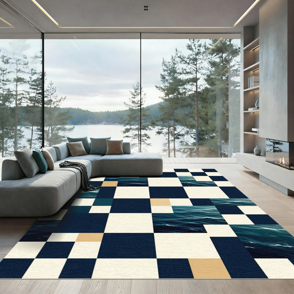 Geometric Ocean Wave Navy Checkerboard Rug