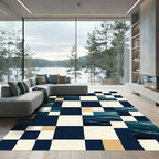 Geometric Ocean Wave Navy Checkerboard Rug