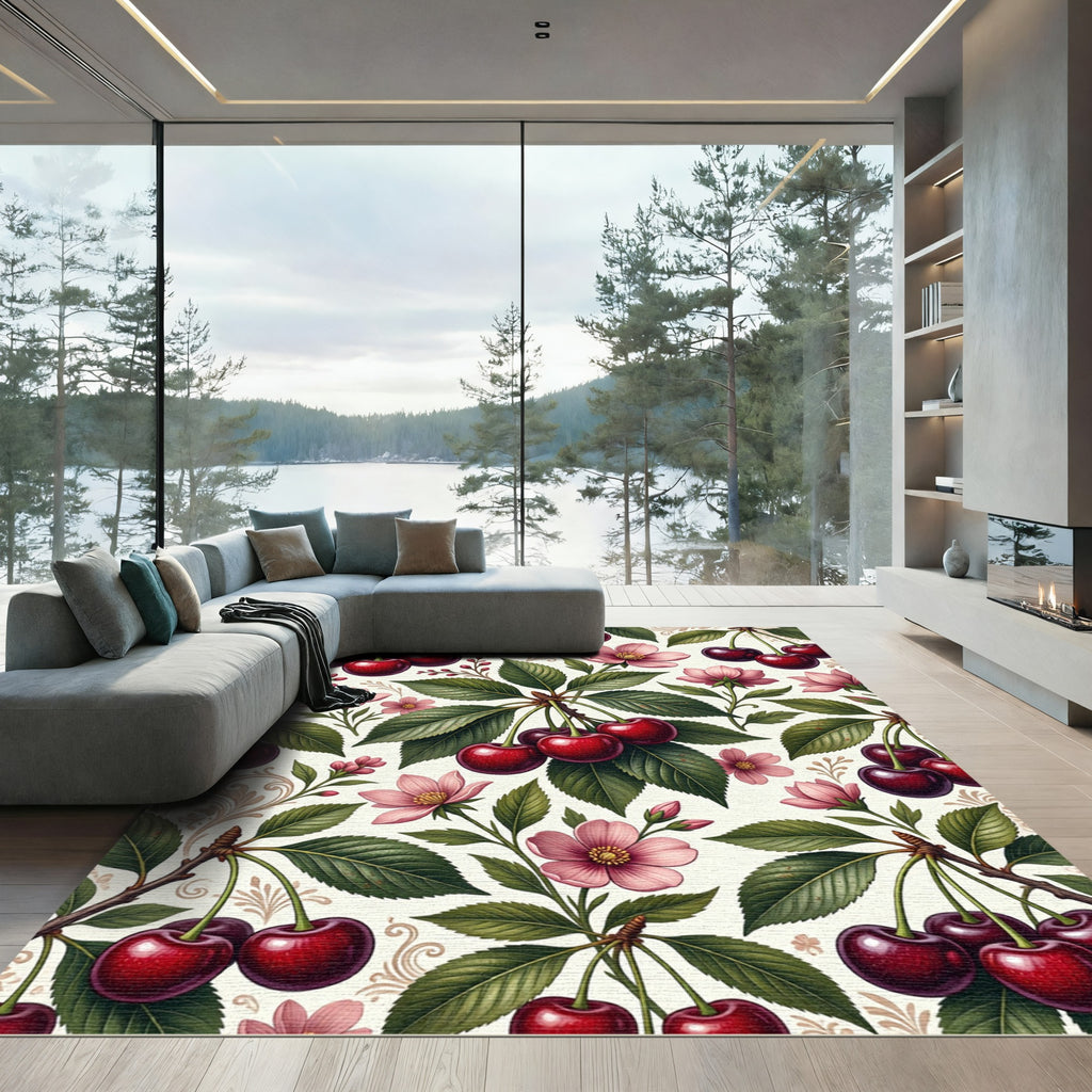 Vintage Crimson Cherry Blossom Orchard Branch Rug
