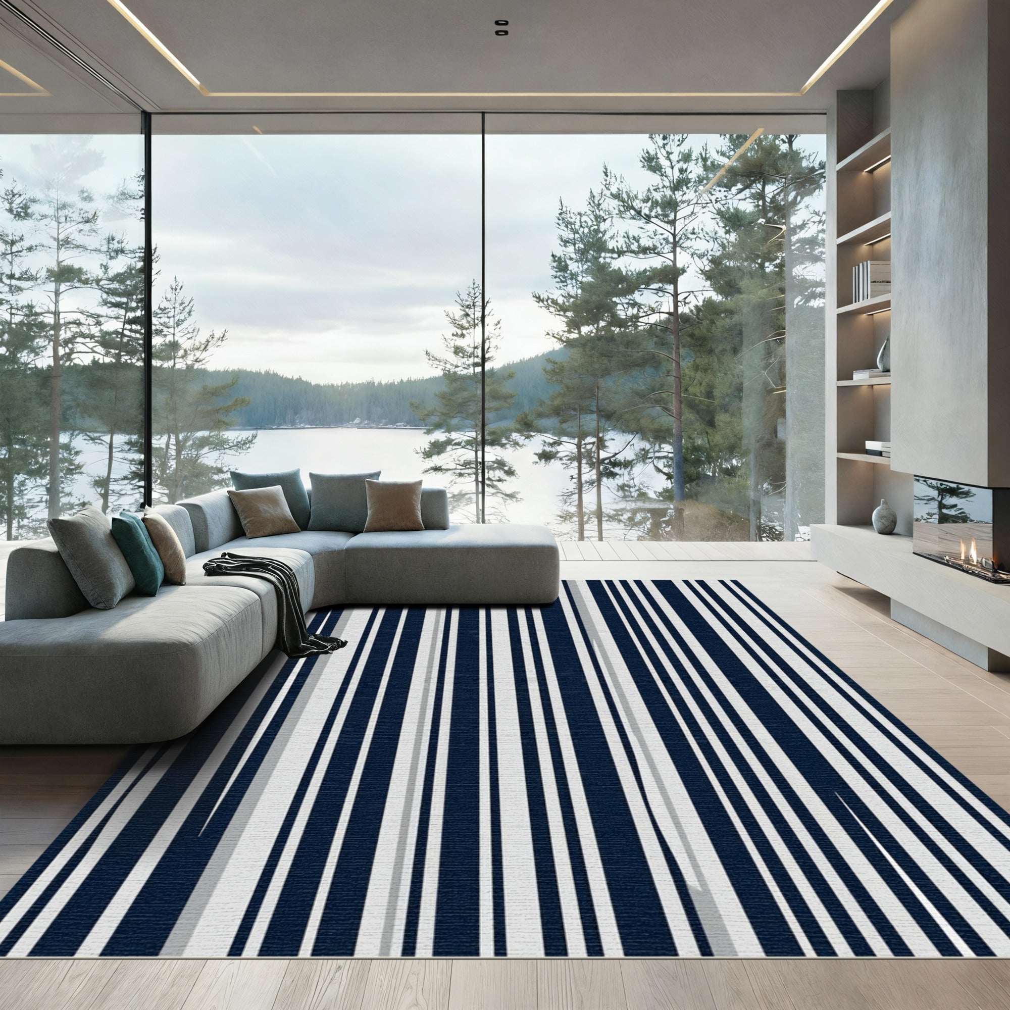 Modern Navy and White Vertical Stripe Rug