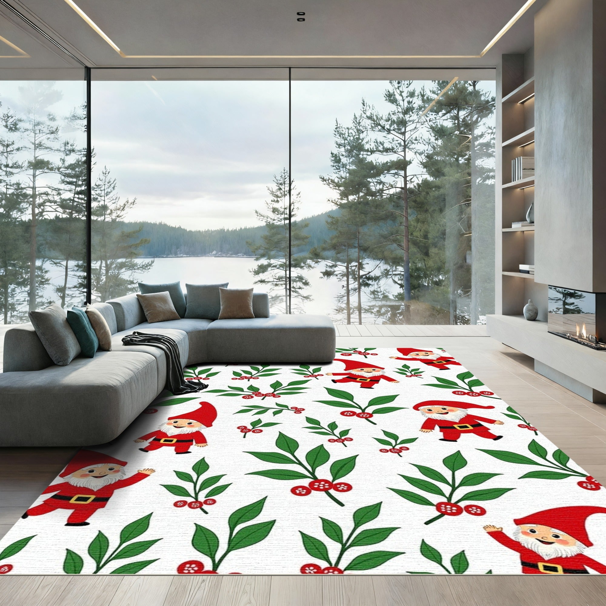 Whimsical Gnomes Red Holly Branches Rug