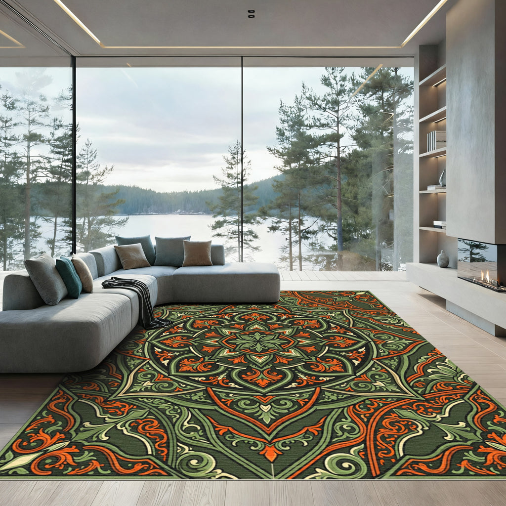 Deep Forest Ornate Mandala Rug