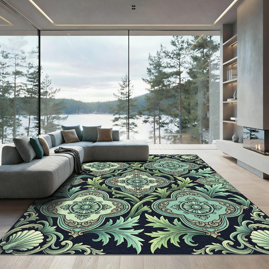 Emerald Green Floral Damask Rug