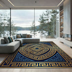 Gold and Navy Greek Key Medallion Rug