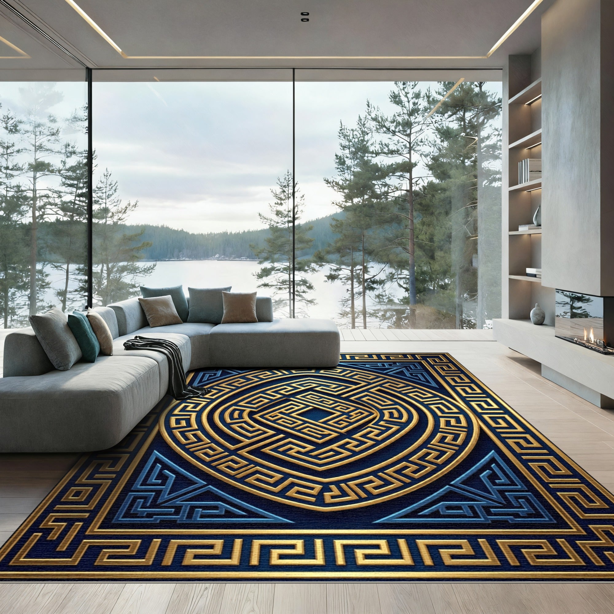 Gold and Navy Greek Key Medallion Rug