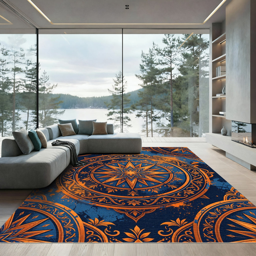 Celestial Golden Star Navy Medallion Rug