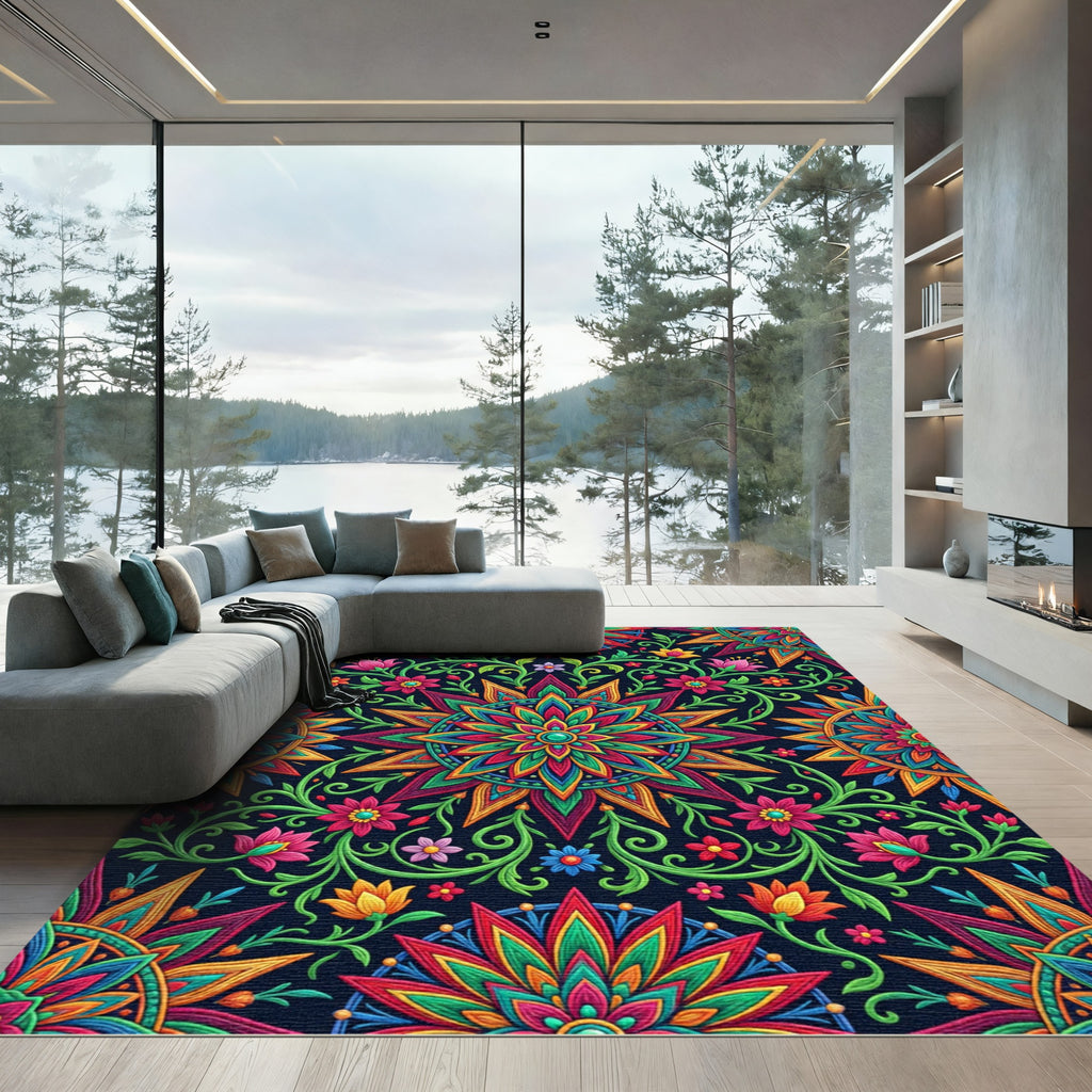 Vibrant Floral Mandala Geometric Tile Rug