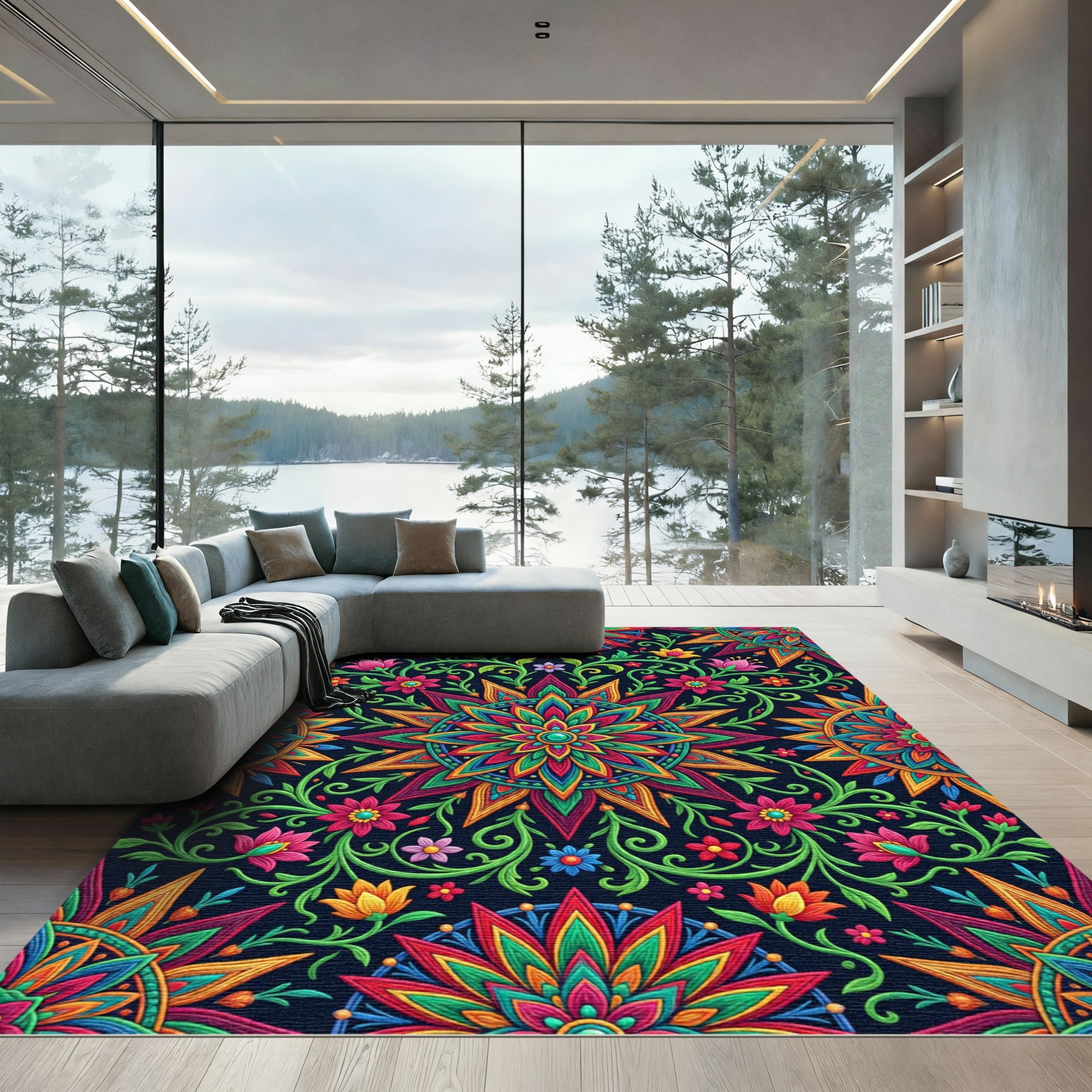 Vibrant Floral Mandala Geometric Tile Rug