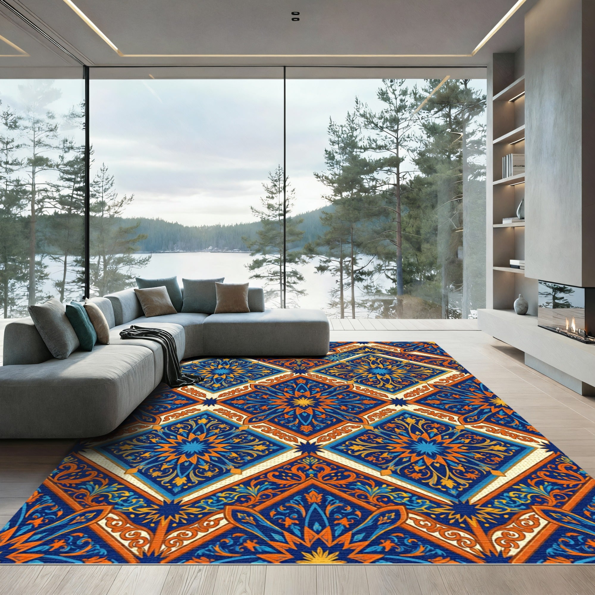 Vibrant Blue Orange Geometric Floral Medallion Rug