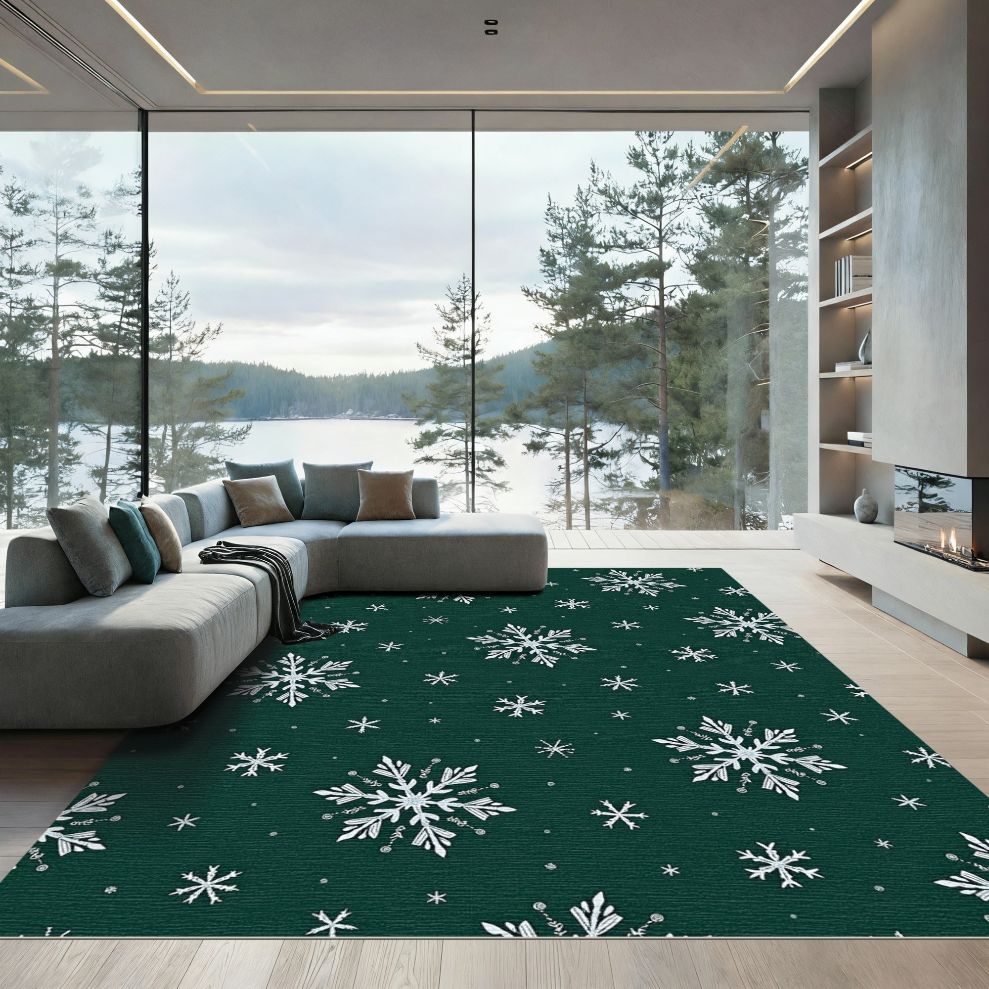 Deep Green Snowflakes Winter Wonder Rug