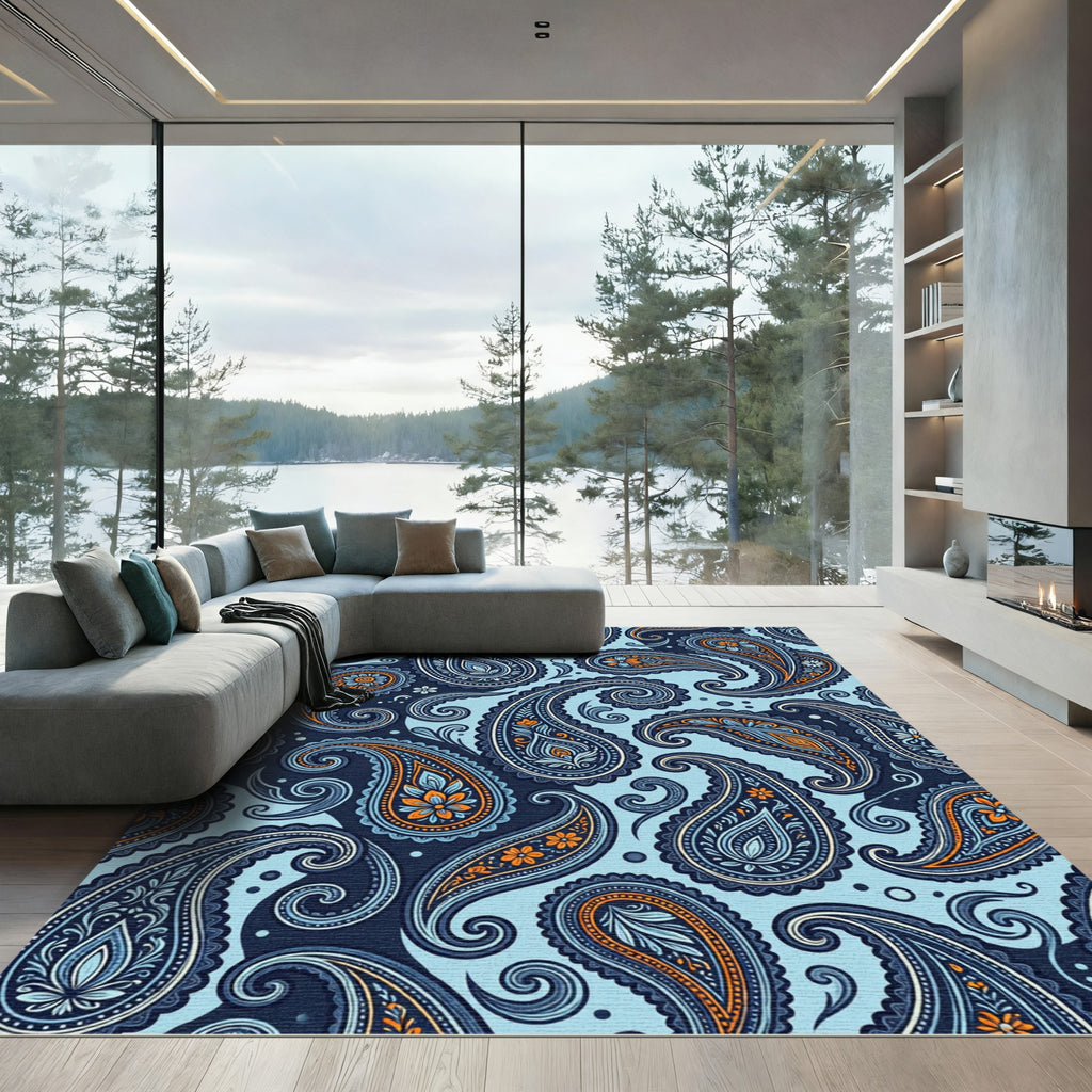 Navy Blue Paisley Floral Swirl Accent Rug