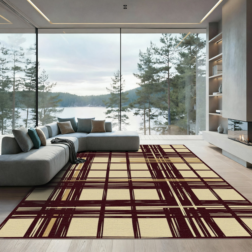 Rustic Crimson Tan Plaid Lines Rug