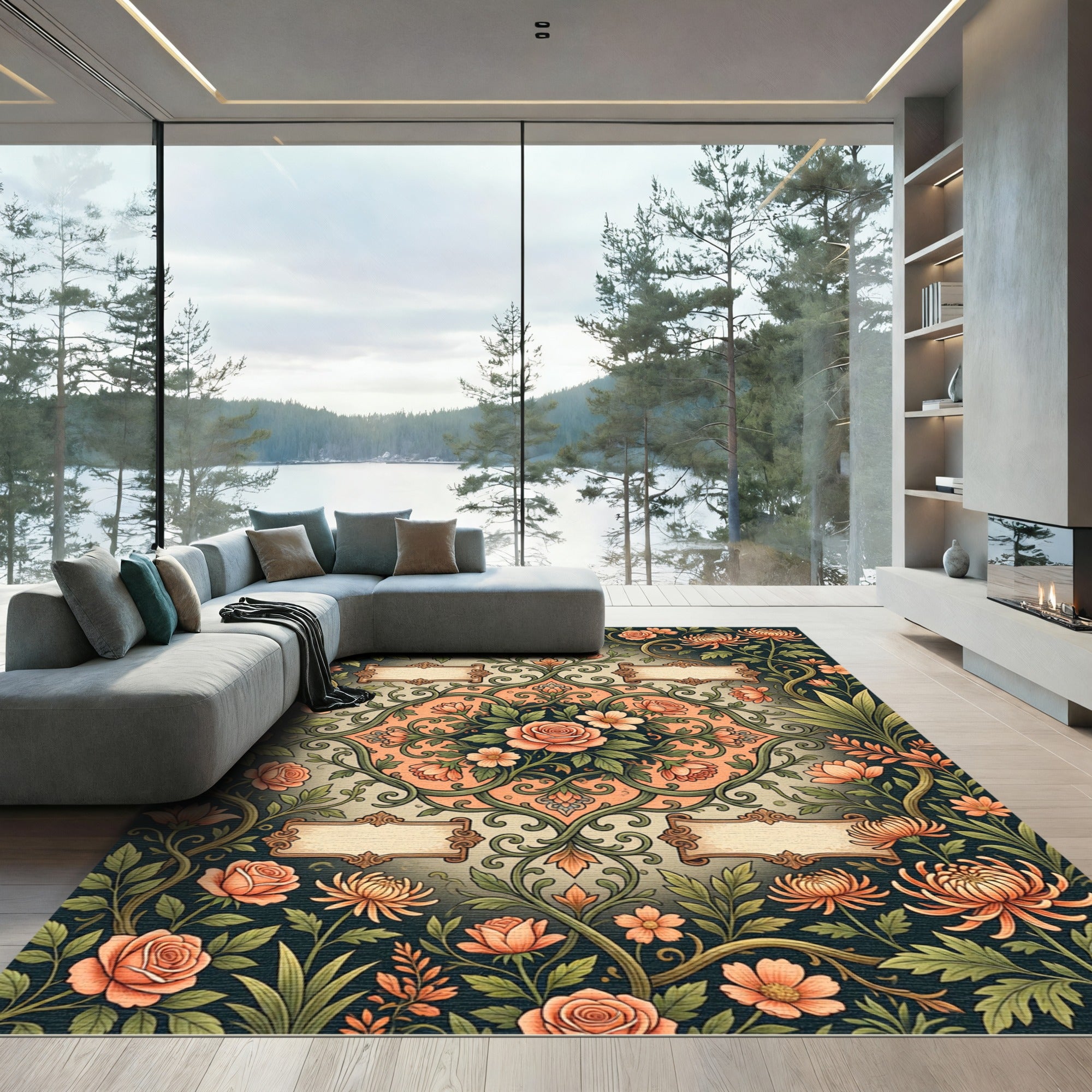 Coral Floral Rose Vine Medallion Rug
