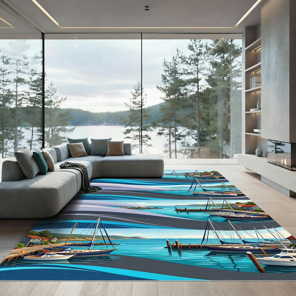 Serene Blue Nautical Harbor Wave Rug