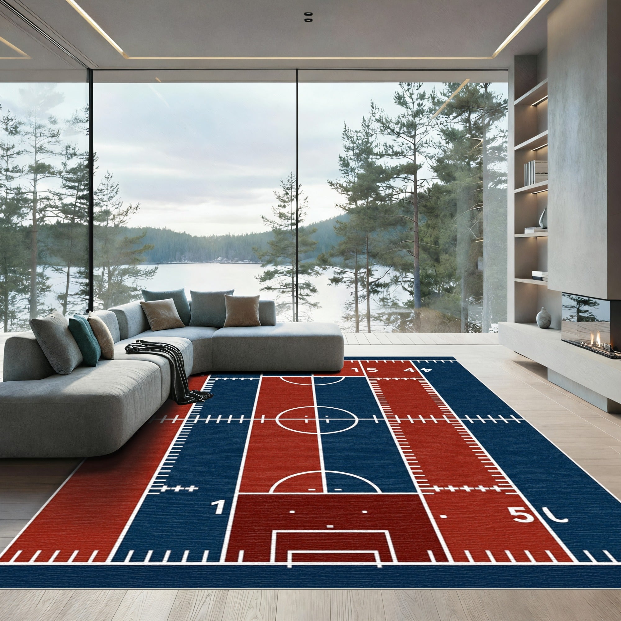 Modern Crimson and Navy Athletic Field Rug