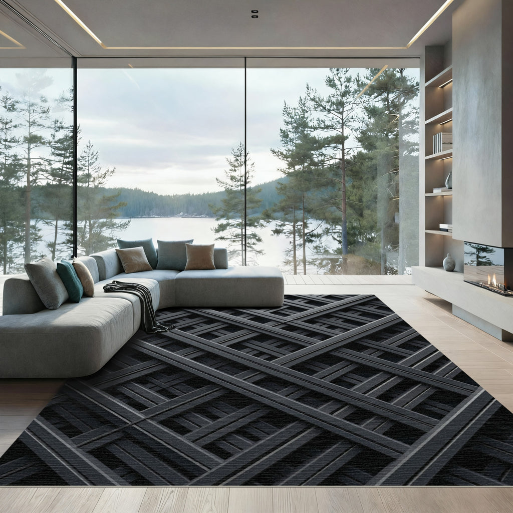 Modern Charcoal Geometric Intersecting Grid Rug