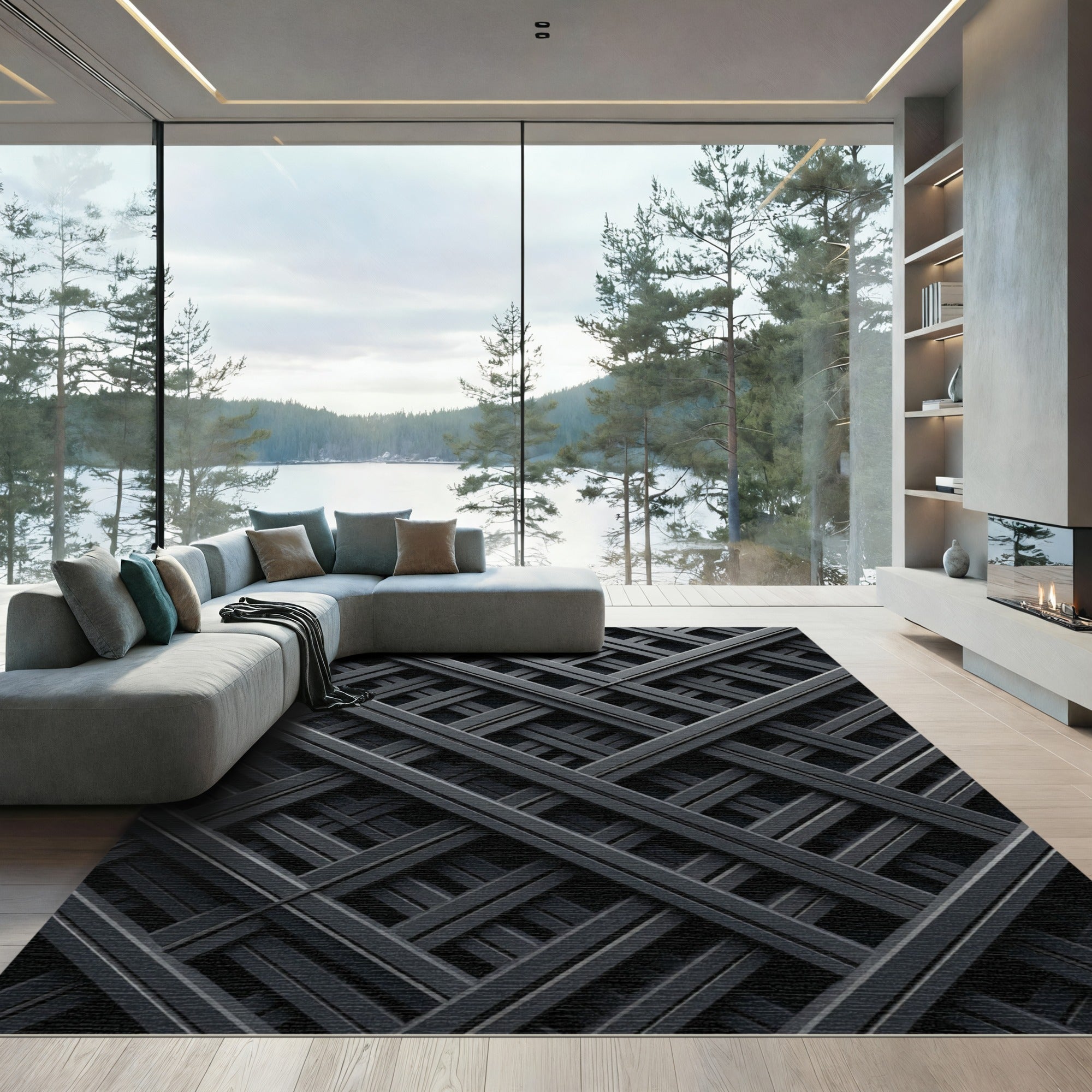 Modern Charcoal Geometric Intersecting Grid Rug