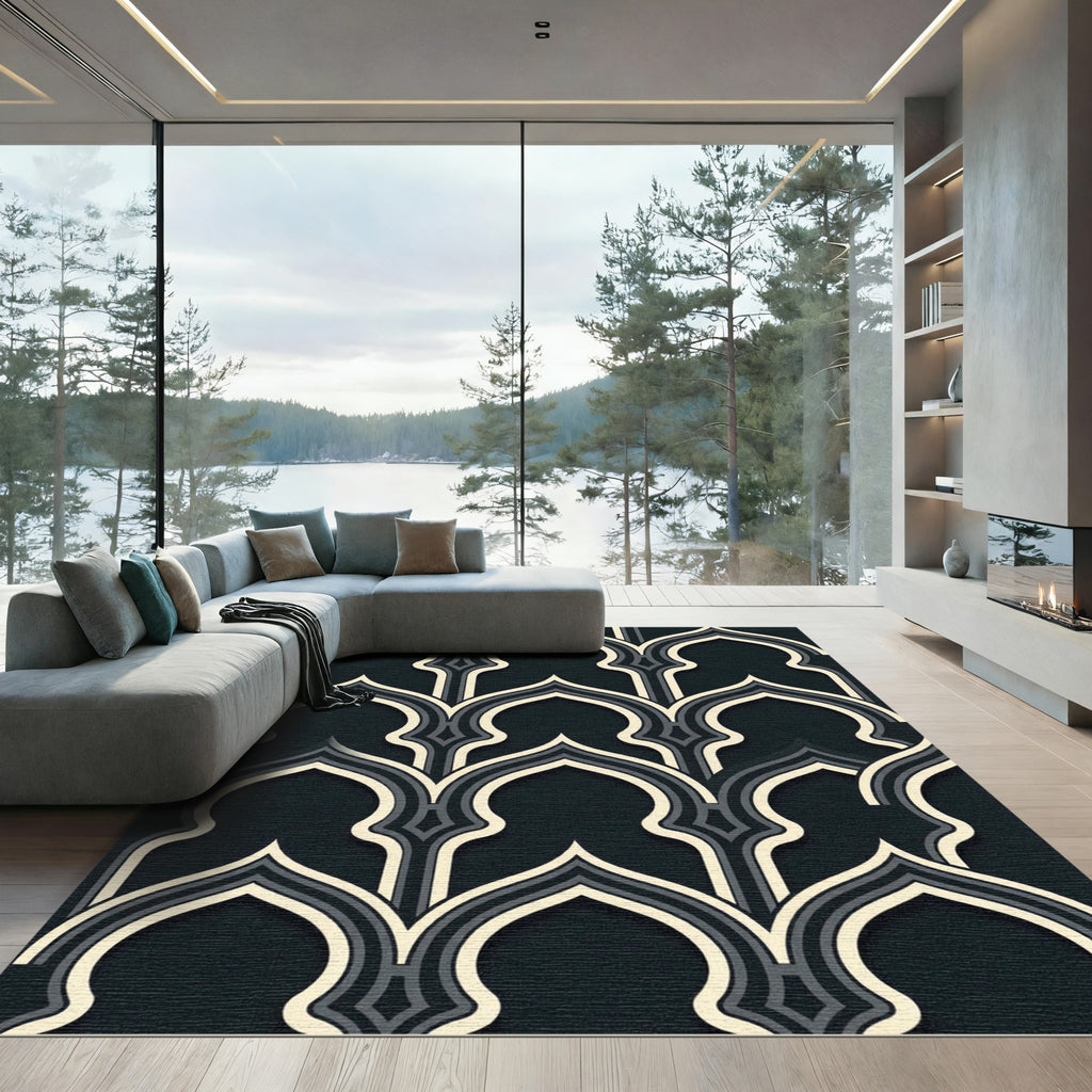 Arched Charcoal and Slate Geometric Overlay Rug