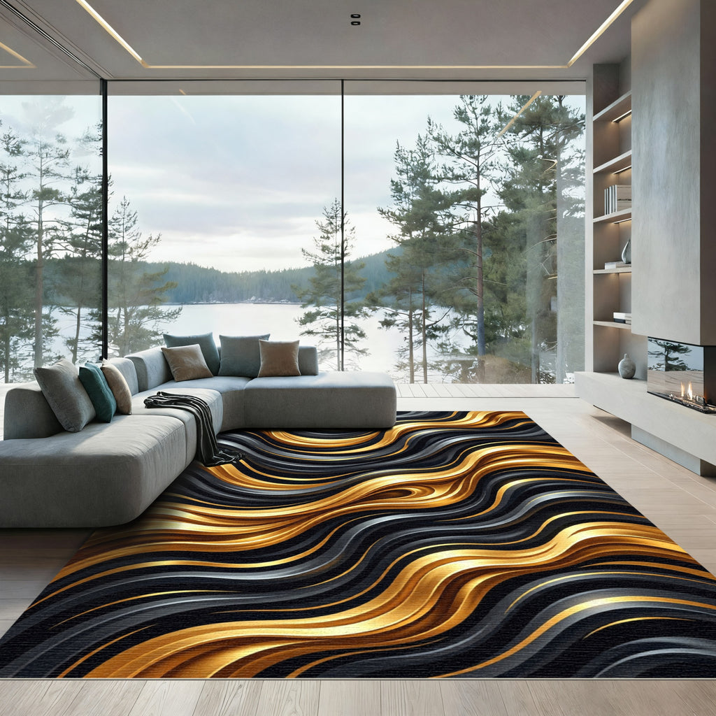 Modern Black and Gold Fluid Waves Rug