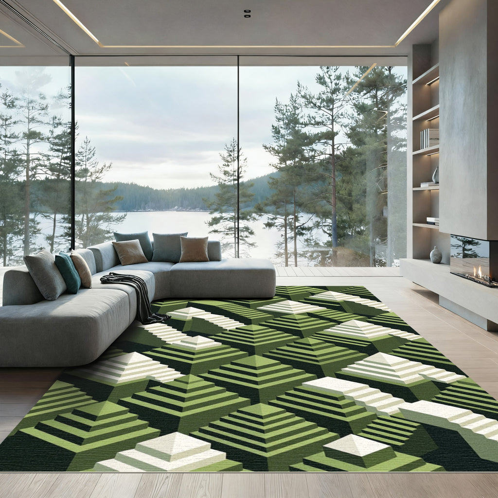 Geometric Olive Green Stepped Pyramid Rug
