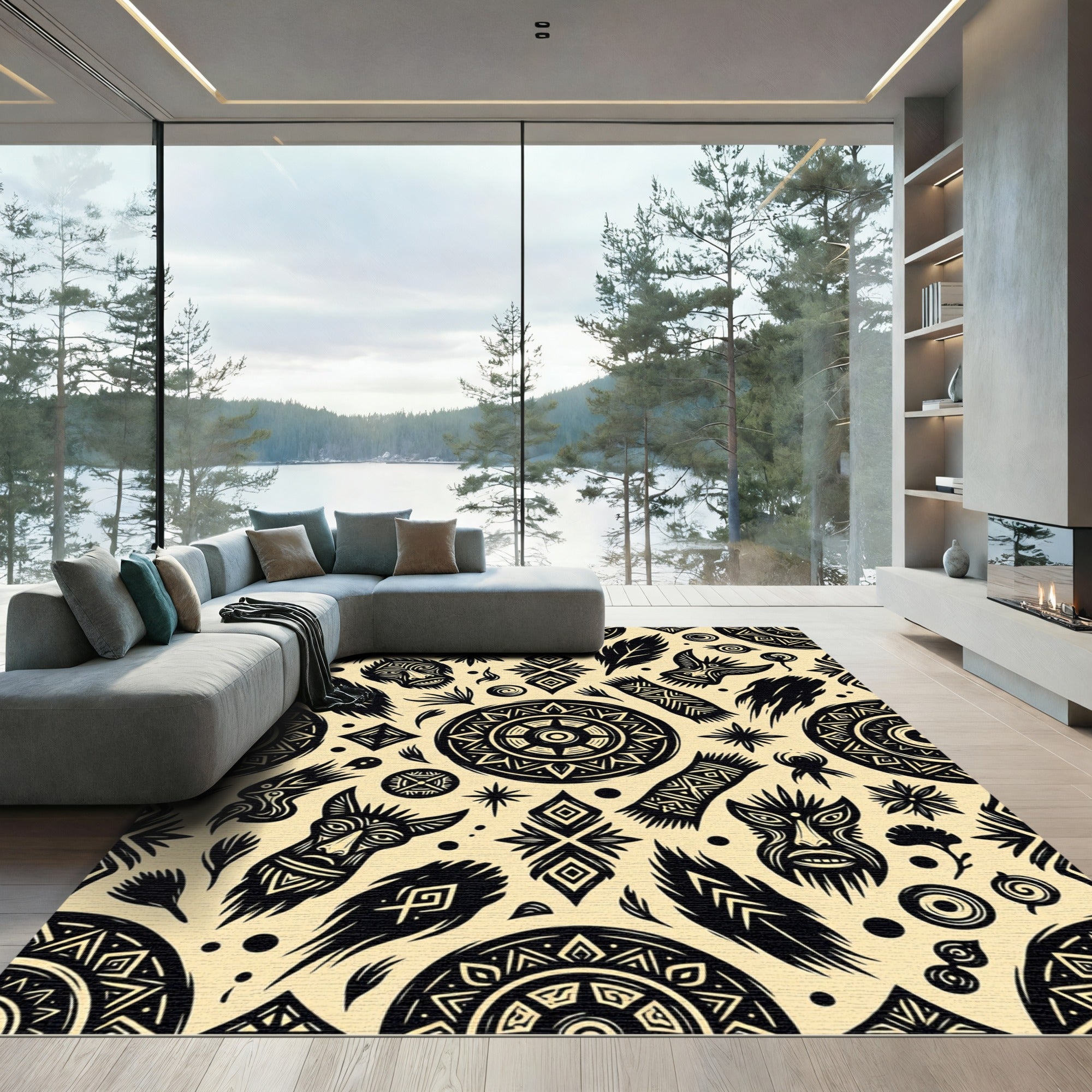 Tribal Masks Stars Feathers Sun Circles Rug