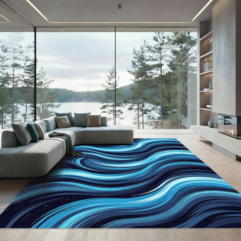Deep Blue Oceanic Wave Strokes Rug