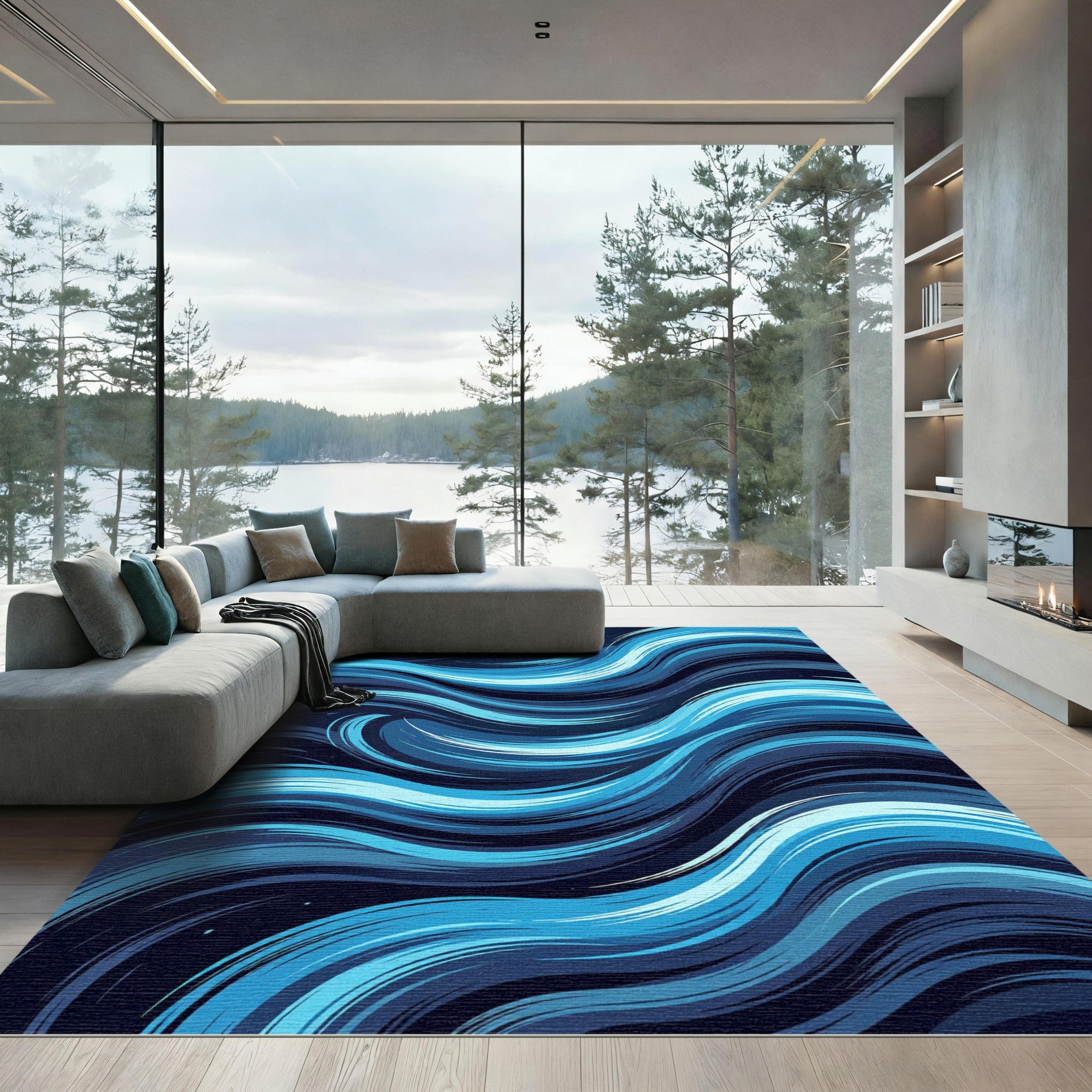 Deep Blue Oceanic Wave Strokes Rug