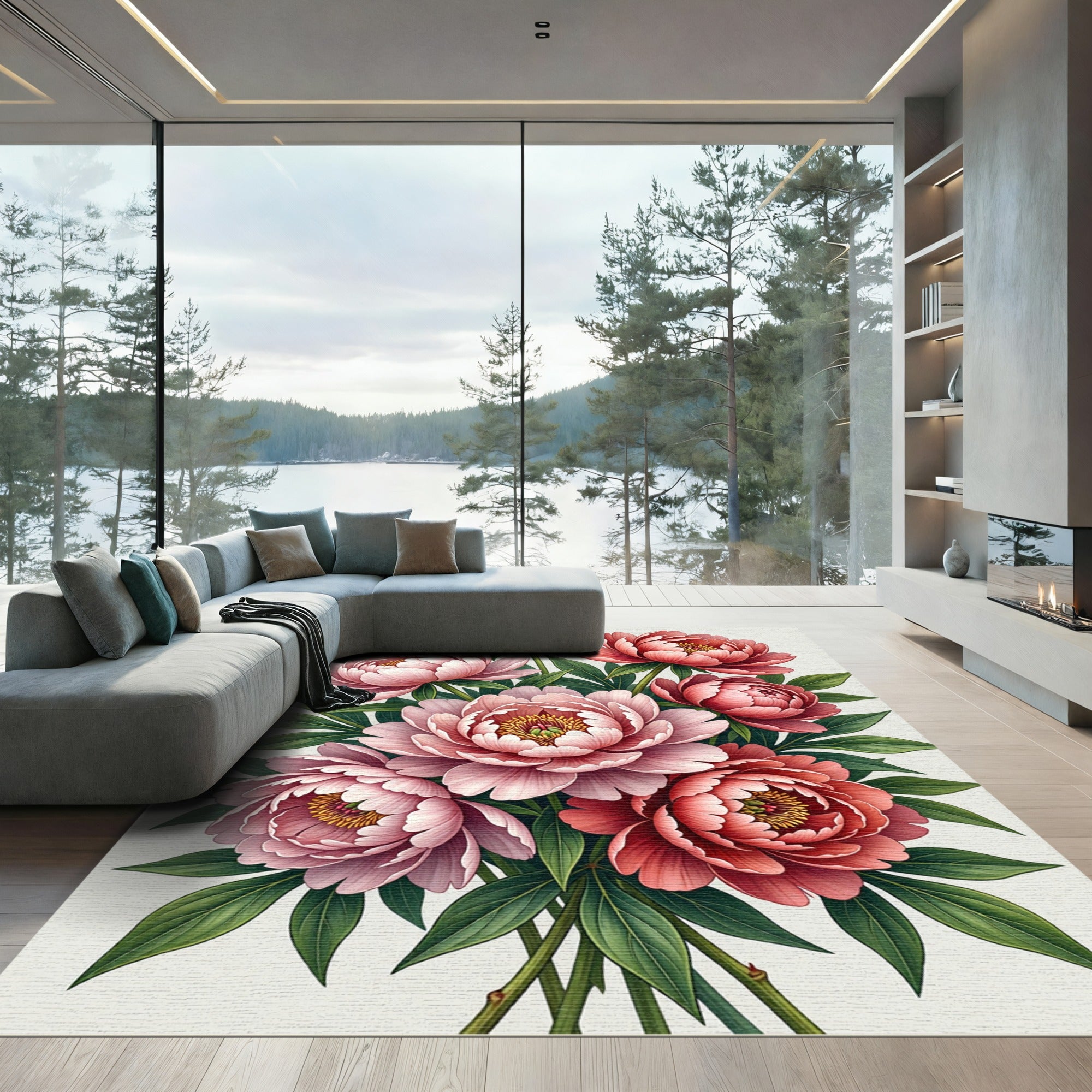 Coral Pink Peony Blossom Garden Rug
