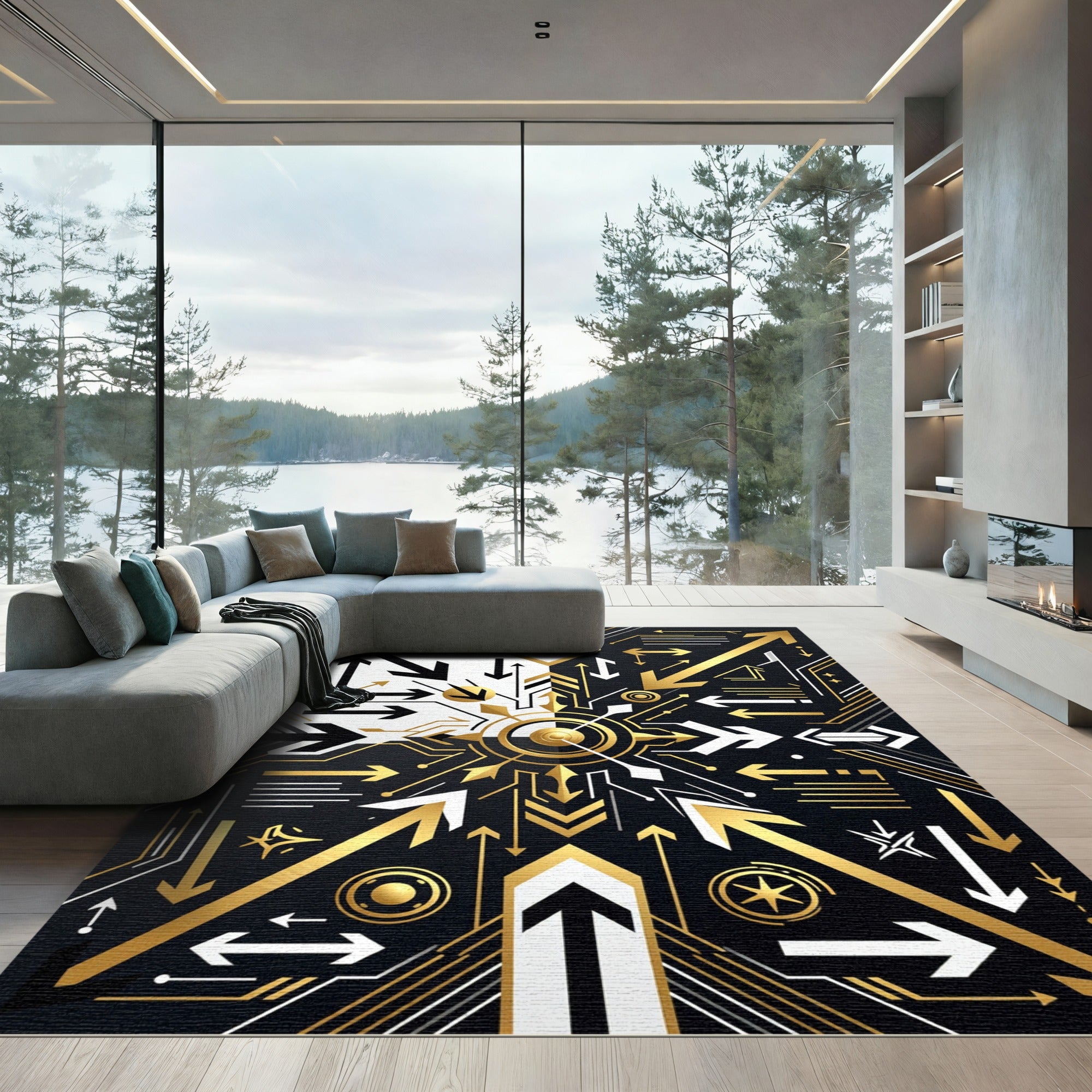 Monochrome Gold Abstract Geometric Arrow Composition Rug
