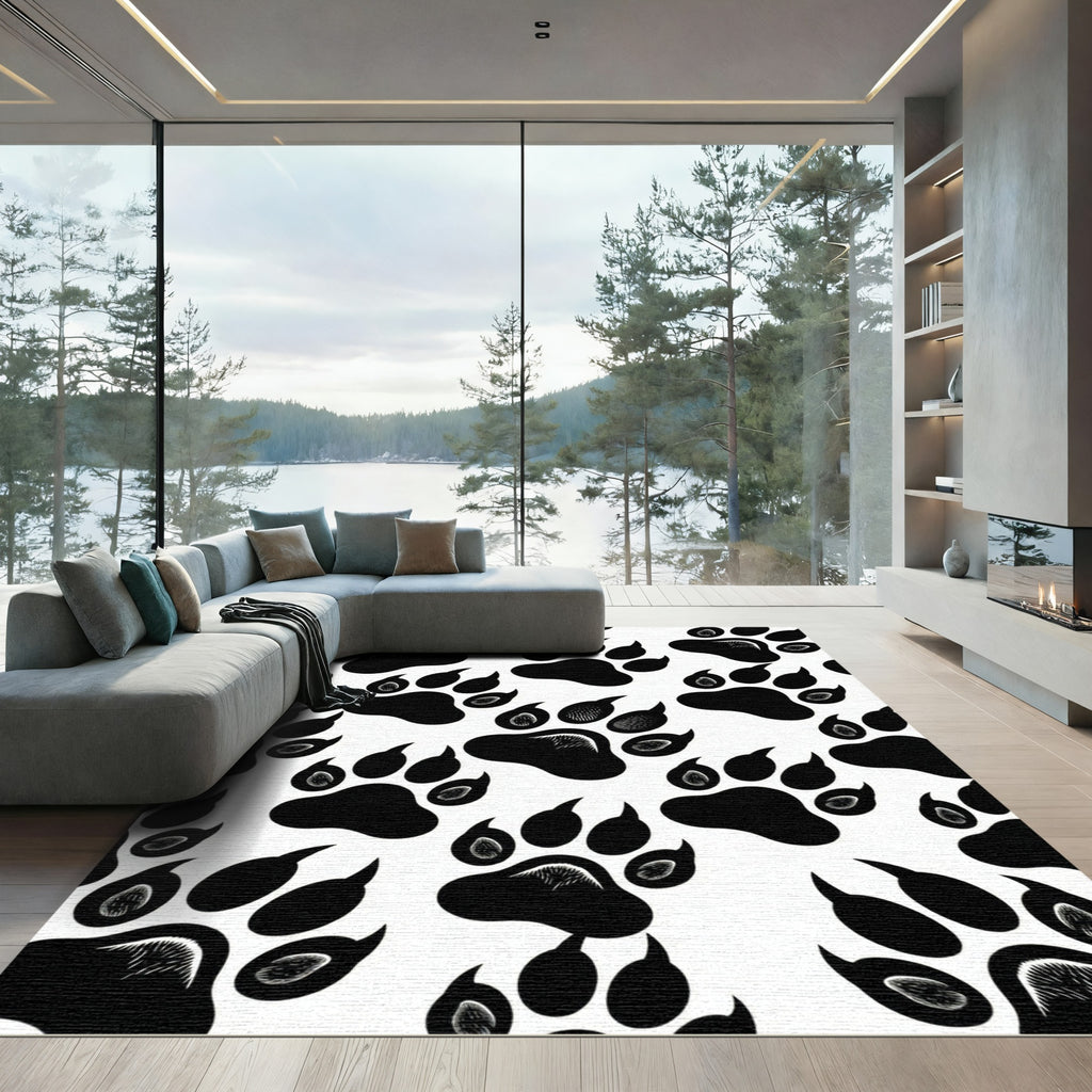 Bold Monochrome Animal Paw Track Rug