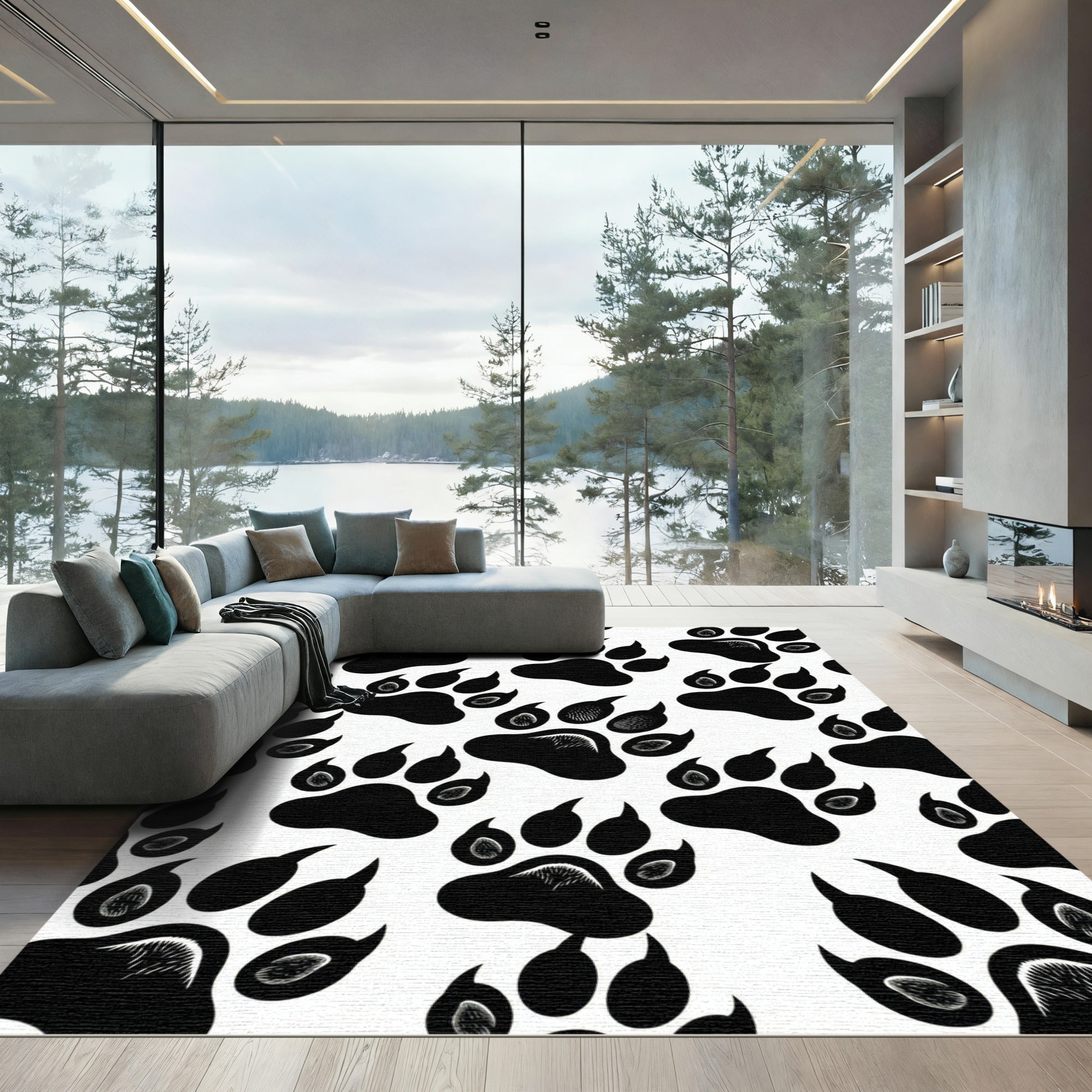 Bold Monochrome Animal Paw Track Rug