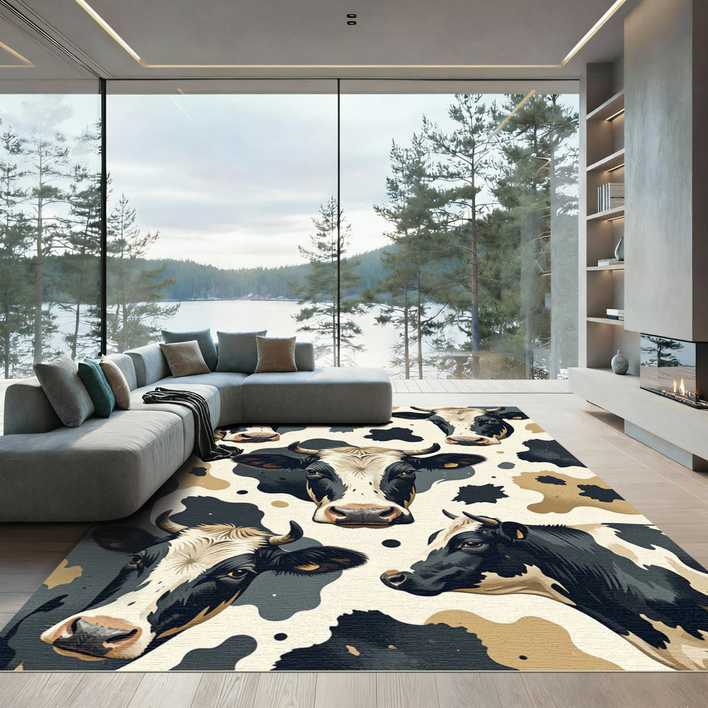 Black and Cream Whimsical Cow Faces Rug
