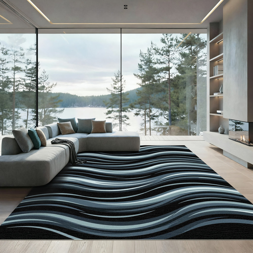 Dark Gray Wavy Stripe Abstract Rug