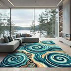 Abstract Teal And Tan Swirling Currents Rug