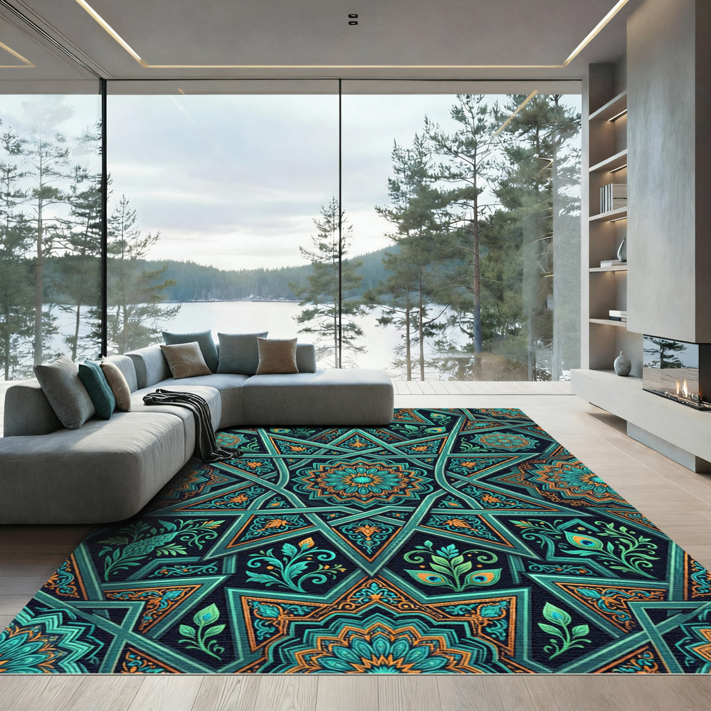 Teal and Gold Starry Mandala Rug