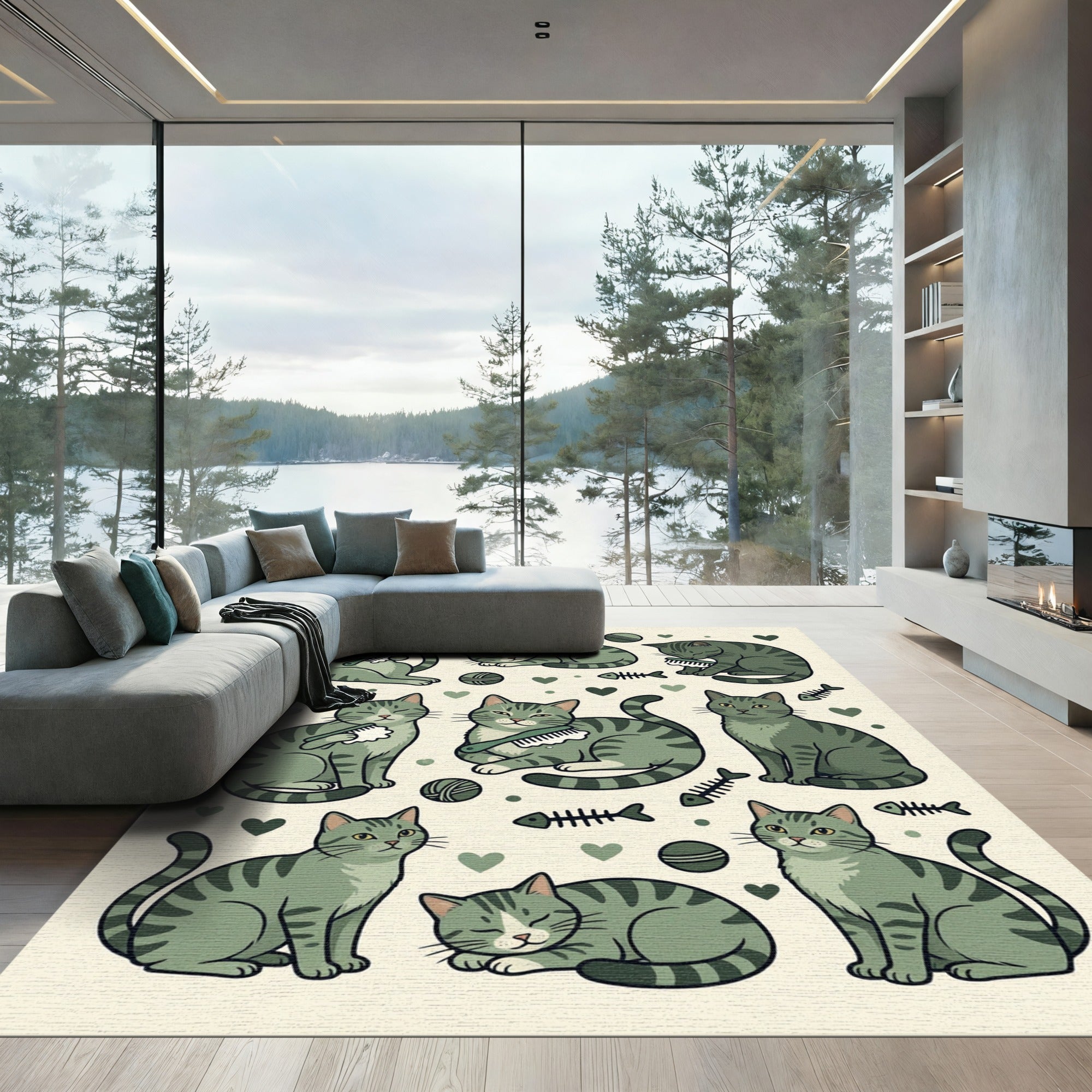 Whimsical Olive Green Tabby Cat Illustration Rug