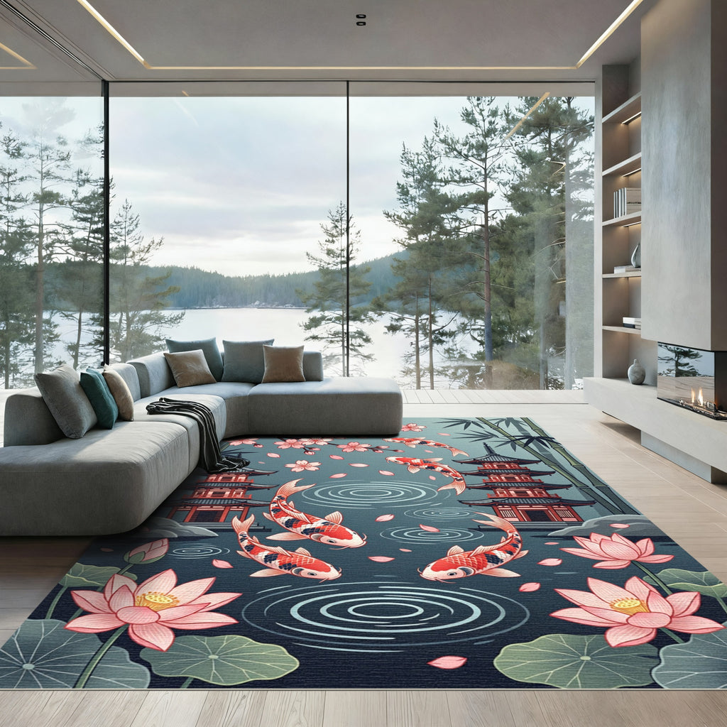 Koi Fish Pagoda Cherry Blossom Pond Rug