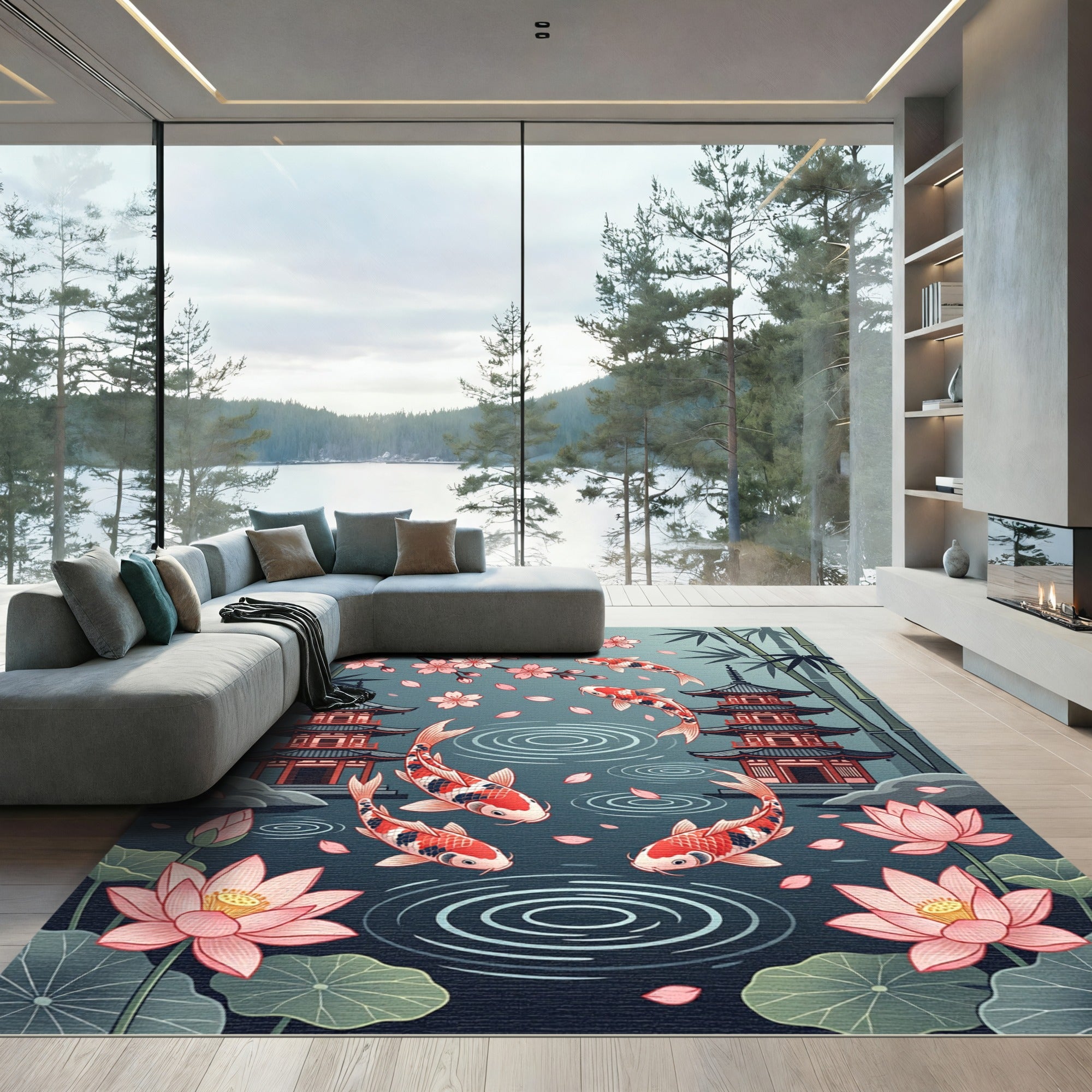 Koi Fish Pagoda Cherry Blossom Pond Rug