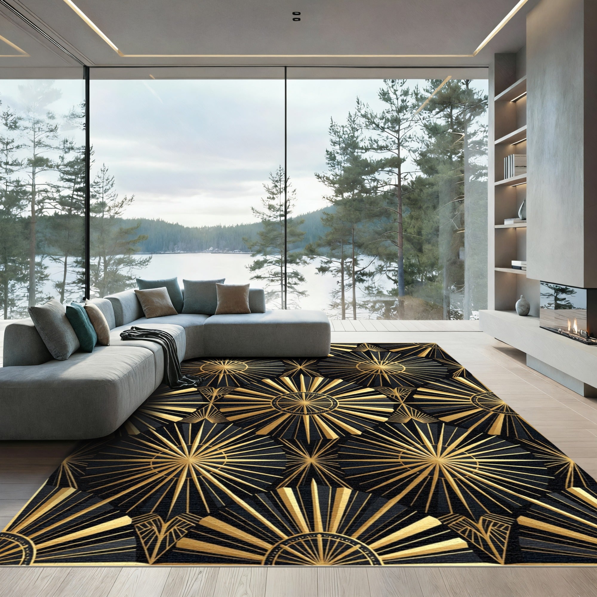 Black Gold Art Deco Sunburst Rug