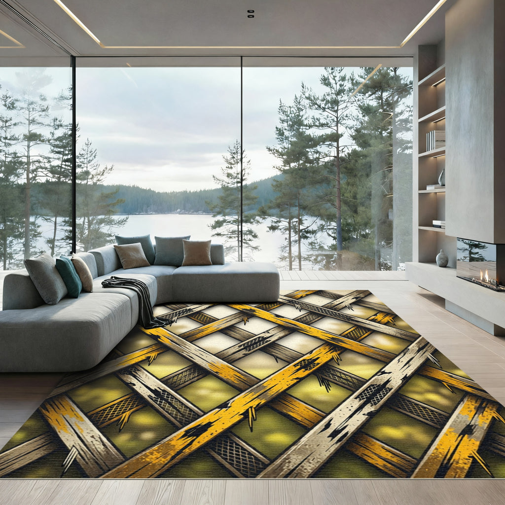 Weathered Yellow Lattice Over Green Field Rug