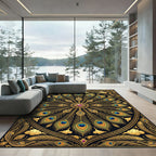 Golden Peacock Feather Mandala Medallion Rug
