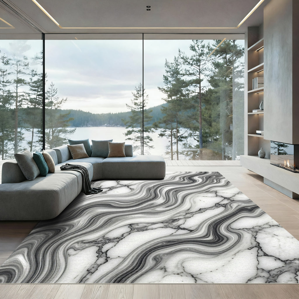 Modern Monochrome Abstract Marble Swirl Rug